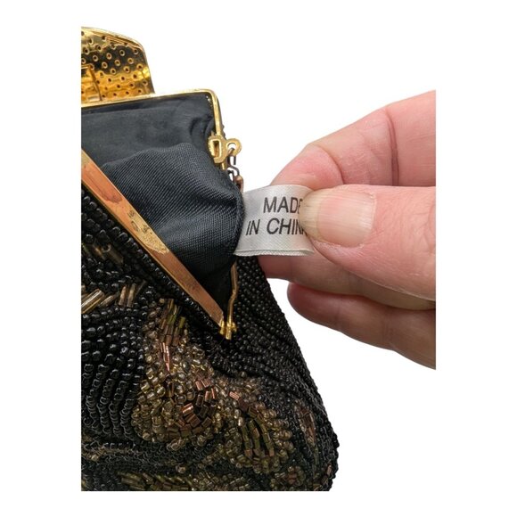 Vintage Beaded Evening Clutch With Metal Hideaway Strap 50-60s Style Black Gold - Picture 11 of 12